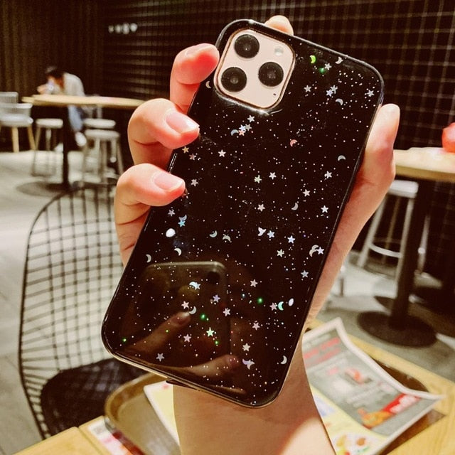 For Apple iPhone 6 6s 7 8 Plus 11 Pro 10 X XS XR Max Bling Glitter Star Moon Sparkle Sequins Soft Clear Silicone TPU Case Cover - Amzon World