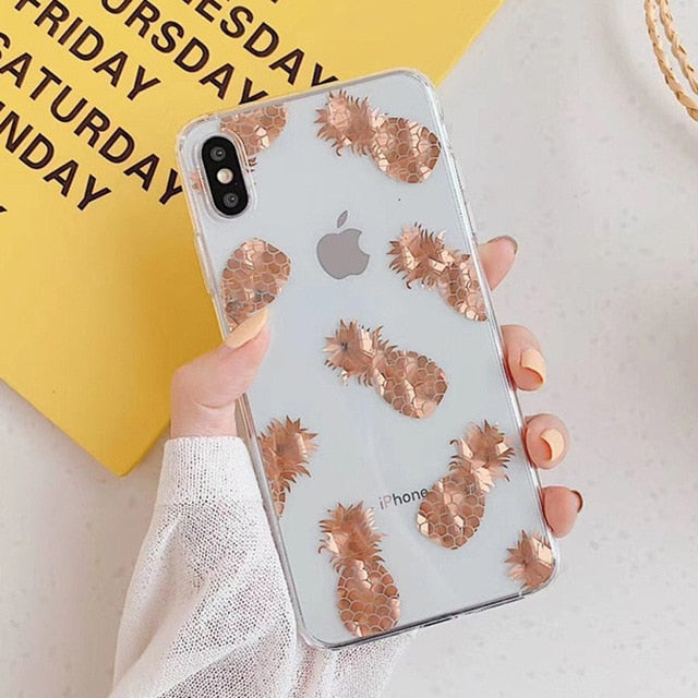 USLION Glitter Gold Leaf Transparent Case For iPhone 11 Pro X XS Max XR 8 7 Plus 11 Clear Phone Back Cover Bling Pineapple Cases - Amzon World