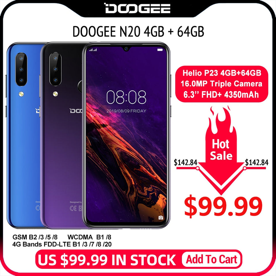 DOOGEE N20 Mobilephone Fingerprint 6.3inch FHD+ Display 16MP Triple Back Camera 64GB 4GB MT6763 Octa Core 4350mAh Cellphone LTE - Amzon World