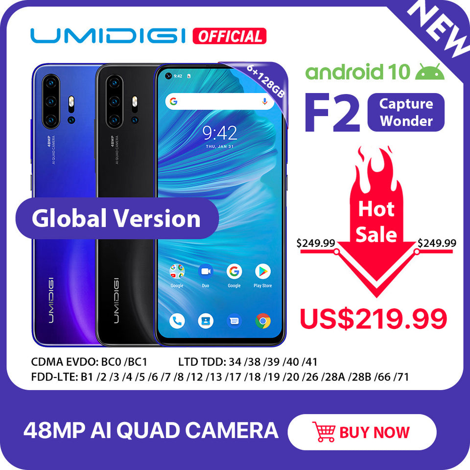 IN STOCK UMIDIGI F2 Android 10 Global Version 6.53"FHD+6GB 128GB 48MP AI Quad Camera 32MP Selfie Helio P70 Cellphone 5150mAh NFC - Amzon World