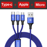 Baseus 3 in 1 USB Cable For iPhone Samsung Xiaomi Multi Fast Charge Charger Micro USB Cable 2 in 1 Mobile Phone USB Type C Cable - Amzon World