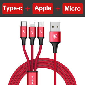 Baseus 3 in 1 USB Cable For iPhone Samsung Xiaomi Multi Fast Charge Charger Micro USB Cable 2 in 1 Mobile Phone USB Type C Cable - Amzon World