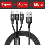 Baseus 3 in 1 USB Cable For iPhone Samsung Xiaomi Multi Fast Charge Charger Micro USB Cable 2 in 1 Mobile Phone USB Type C Cable - Amzon World