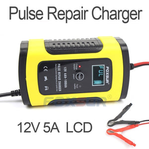 FOXSUR 12V 5A Pulse Repair Charger with LCD Display, Motorcycle & Car Battery Charger, 12V AGM GEL WET Lead Acid Battery Charger - Amzon World