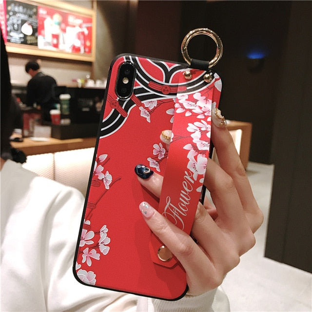 For iPhone 11 Case Fashion Flower Phone Holder Case for iPhone 8 Plus 6 6s 7 X XR XS 11 pro max Soft TPU Wrist Strap Cover Etui - Amzon World