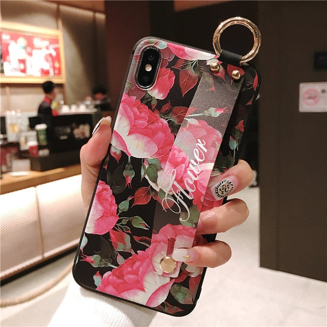 For iPhone 11 Case Fashion Flower Phone Holder Case for iPhone 8 Plus 6 6s 7 X XR XS 11 pro max Soft TPU Wrist Strap Cover Etui - Amzon World