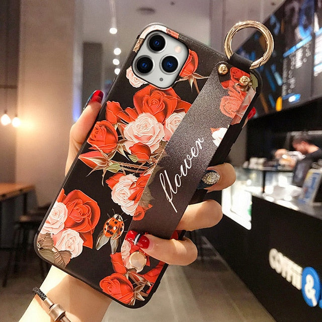 For iPhone 11 Case Fashion Flower Phone Holder Case for iPhone 8 Plus 6 6s 7 X XR XS 11 pro max Soft TPU Wrist Strap Cover Etui - Amzon World