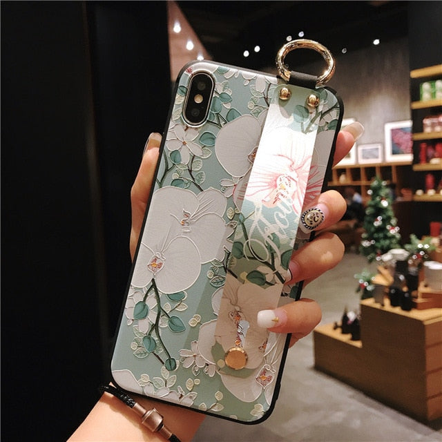 For iPhone 11 Case Fashion Flower Phone Holder Case for iPhone 8 Plus 6 6s 7 X XR XS 11 pro max Soft TPU Wrist Strap Cover Etui - Amzon World