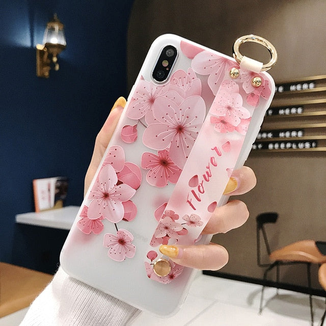 For iPhone 11 Case Fashion Flower Phone Holder Case for iPhone 8 Plus 6 6s 7 X XR XS 11 pro max Soft TPU Wrist Strap Cover Etui - Amzon World