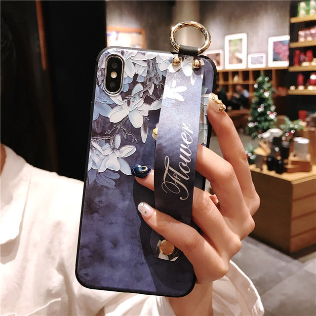 For iPhone 11 Case Fashion Flower Phone Holder Case for iPhone 8 Plus 6 6s 7 X XR XS 11 pro max Soft TPU Wrist Strap Cover Etui - Amzon World