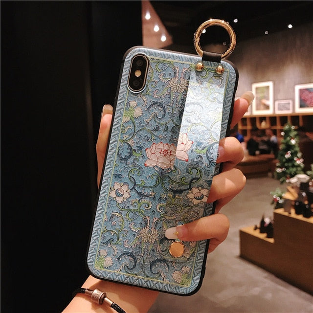 For iPhone 11 Case Fashion Flower Phone Holder Case for iPhone 8 Plus 6 6s 7 X XR XS 11 pro max Soft TPU Wrist Strap Cover Etui - Amzon World