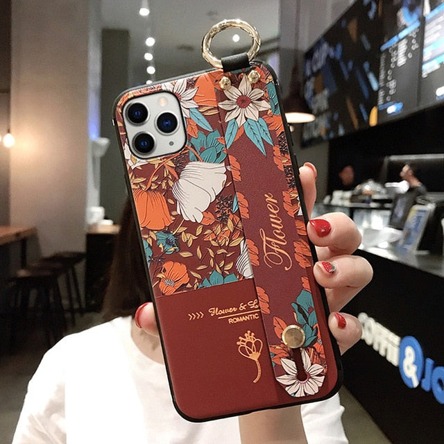 For iPhone 11 Case Fashion Flower Phone Holder Case for iPhone 8 Plus 6 6s 7 X XR XS 11 pro max Soft TPU Wrist Strap Cover Etui - Amzon World
