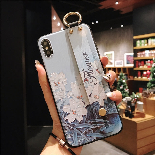 For iPhone 11 Case Fashion Flower Phone Holder Case for iPhone 8 Plus 6 6s 7 X XR XS 11 pro max Soft TPU Wrist Strap Cover Etui - Amzon World