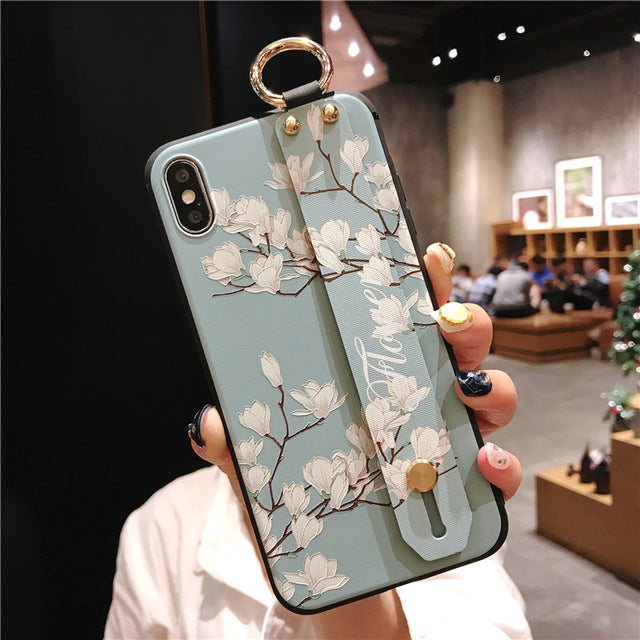 For iPhone 11 Case Fashion Flower Phone Holder Case for iPhone 8 Plus 6 6s 7 X XR XS 11 pro max Soft TPU Wrist Strap Cover Etui - Amzon World