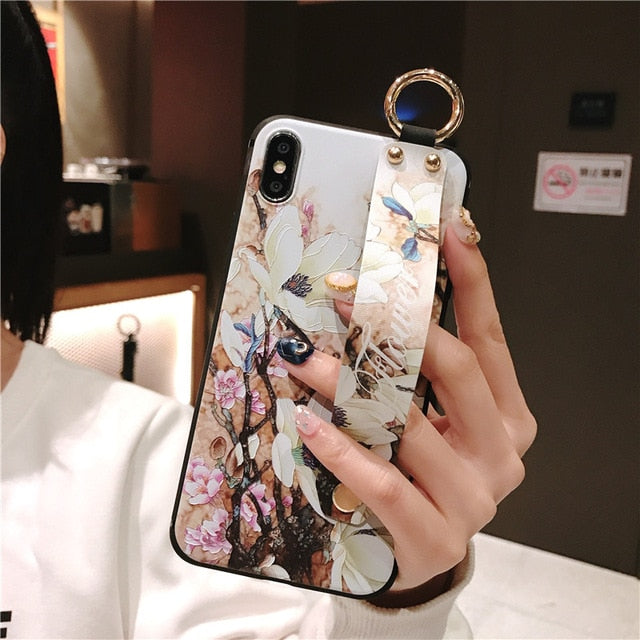 For iPhone 11 Case Fashion Flower Phone Holder Case for iPhone 8 Plus 6 6s 7 X XR XS 11 pro max Soft TPU Wrist Strap Cover Etui - Amzon World