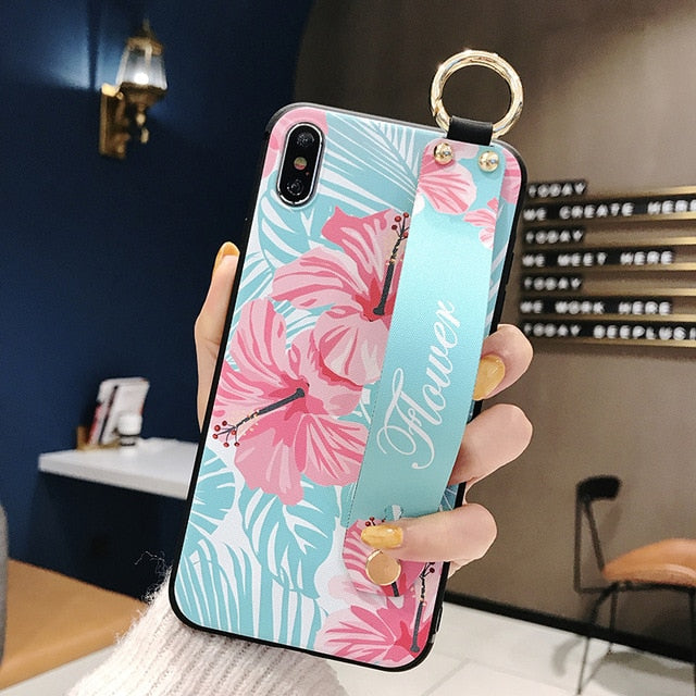 For iPhone 11 Case Fashion Flower Phone Holder Case for iPhone 8 Plus 6 6s 7 X XR XS 11 pro max Soft TPU Wrist Strap Cover Etui - Amzon World