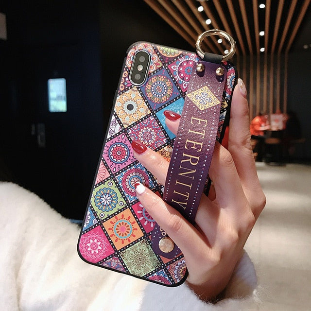 For iPhone 11 Case Fashion Flower Phone Holder Case for iPhone 8 Plus 6 6s 7 X XR XS 11 pro max Soft TPU Wrist Strap Cover Etui - Amzon World