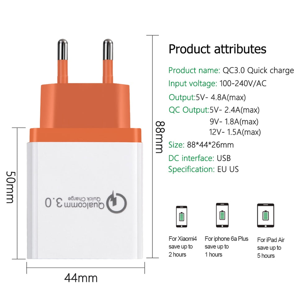 Universal 18 W USB Quick charge 3.0 5V 3A for Iphone 7 8 EU US Plug Mobile Phone Fast charger charging for Samsug s8 s9 Huawei - Amzon World