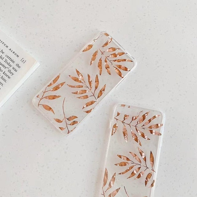Luxury Glitter Transparent Case For iPhone 8 7 Plus X XS Max XR 11 Pro Max Gold Leaf  Clear Back Cover Soft Fundas Coque - Amzon World