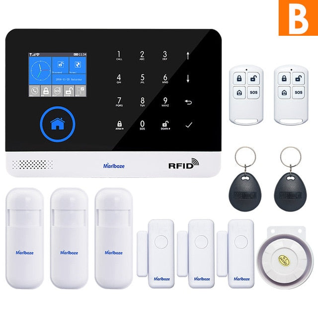 Marlboze EN RU ES PL DE Switchable Wireless Home Security WIFI GSM GPRS Alarm system APP Remote Control RFID card Arm Disarm - Amzon World