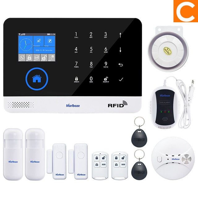 Marlboze EN RU ES PL DE Switchable Wireless Home Security WIFI GSM GPRS Alarm system APP Remote Control RFID card Arm Disarm - Amzon World
