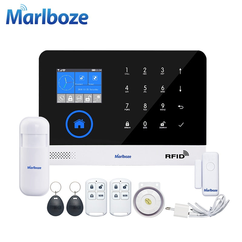 Marlboze EN RU ES PL DE Switchable Wireless Home Security WIFI GSM GPRS Alarm system APP Remote Control RFID card Arm Disarm - Amzon World