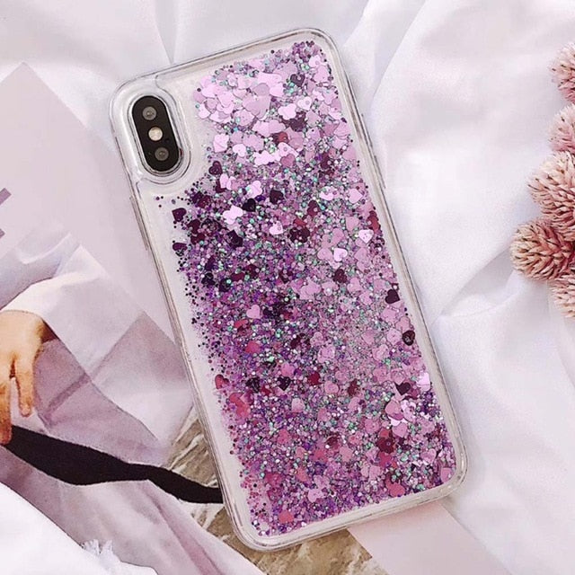 Pink Love Heart Glitter Phone Case For iPhone XS Max X XR Liquid Quicksand Case for iPhone 5S 6S 6 7 8 Plus Cover Bling Sequins - Amzon World