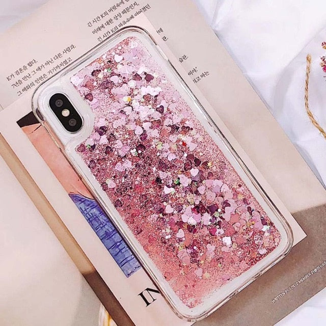 Pink Love Heart Glitter Phone Case For iPhone XS Max X XR Liquid Quicksand Case for iPhone 5S 6S 6 7 8 Plus Cover Bling Sequins - Amzon World